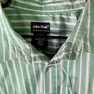 John Blair short sleeve button up shirt green white blue stripe